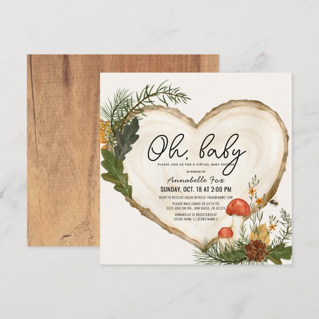 Oh Baby Wood Slice Mushroom Virtual Baby Shower Invitation (Front/Back)