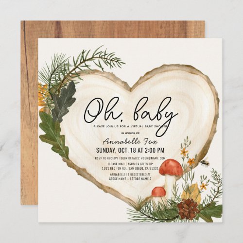 Oh Baby Wood Slice Mushroom Virtual Baby Shower Invitation