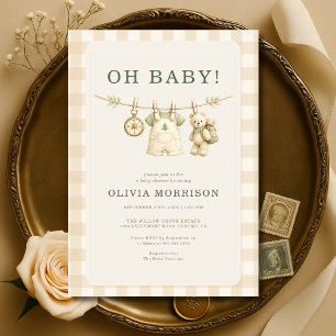 Oh Baby Woodland Clothesline Gingham Baby Shower Invitation