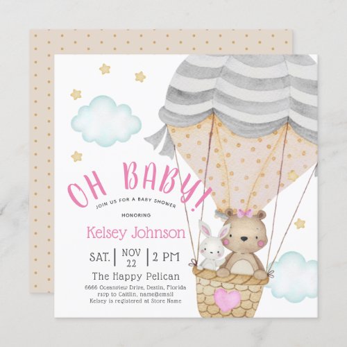 Oh Baby Woodland Teddy Bear Pink Baby Shower Invitation