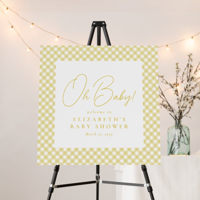Oh baby yellow gingham baby shower welcome sign (In Situ (Stand))
