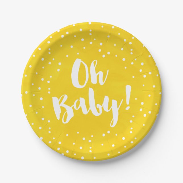 Oh Baby Yellow Watercolor Baby Shower Paper Plates (Front)