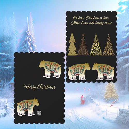 Oh Bear Christmas is Here Golden Pines Black Cute Holiday Card