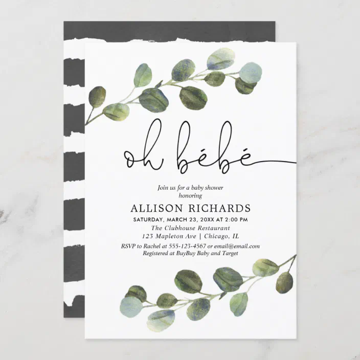 Oh Bebe Black White Greenery French Baby Shower Invitation Zazzle Com