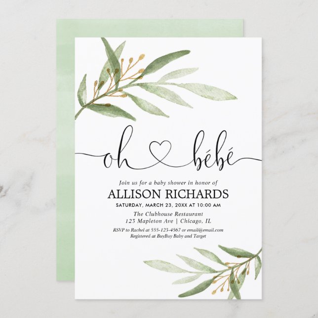 Oh bebe French greenery gold gender neutral shower Invitation (Front/Back)