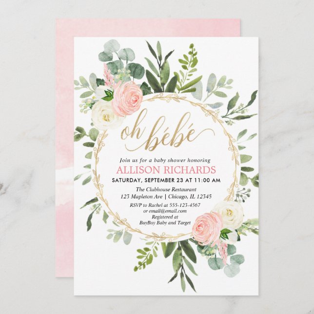 Oh Bebe pink gold French floral girl baby shower Invitation (Front/Back)