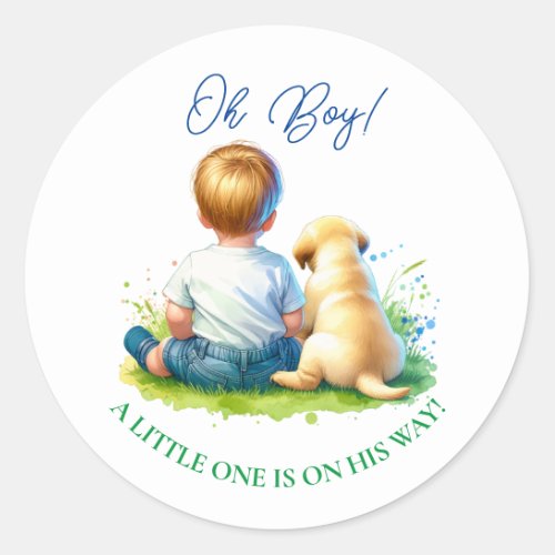 Oh Boy A Baby and his Dog Baby Shower Classic Round Sticker