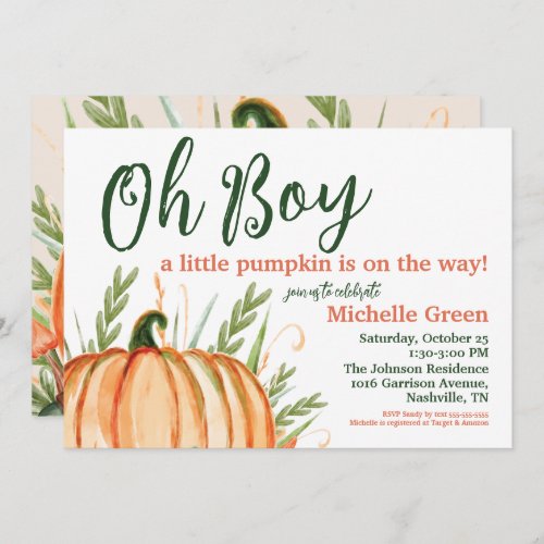 Oh Boy a Little Pumpkin is on the Way Baby Shower Invitation