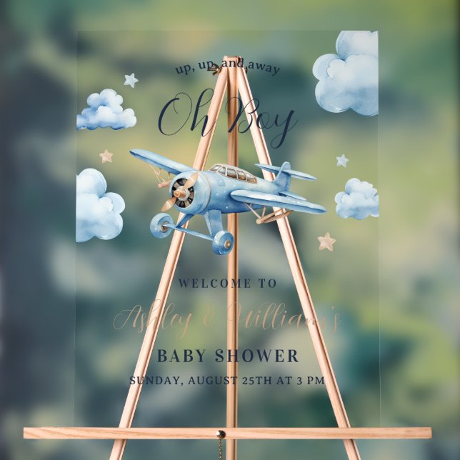 Oh Boy! Adventure Awaits Airplane Boy Baby Shower Acrylic Sign (Neutral)