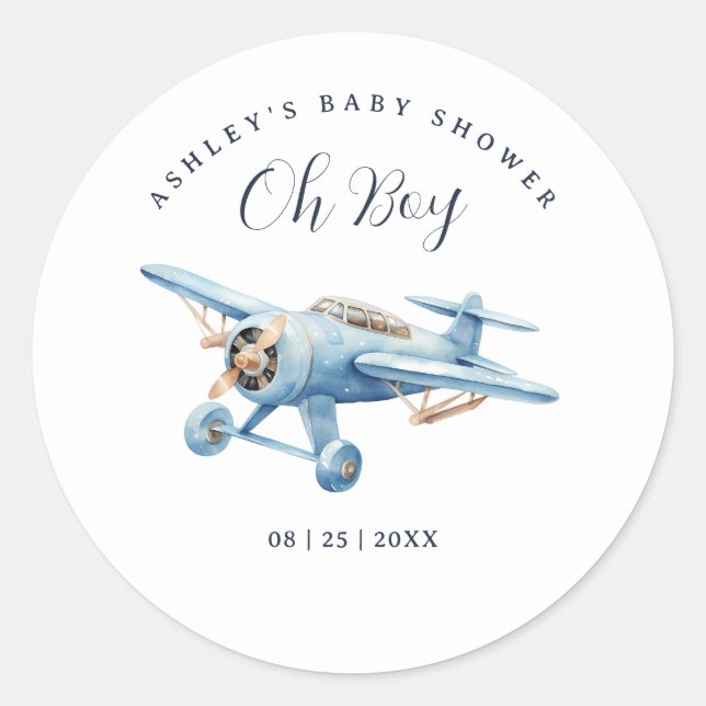 Oh Boy! Adventure Awaits Airplane Boy Baby Shower Classic Round Sticker (Front)