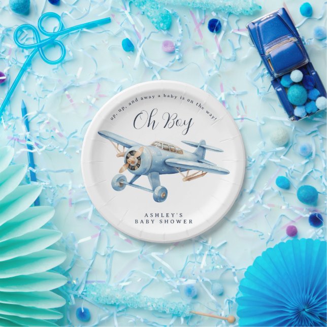 Oh Boy! Adventure Awaits Airplane Boy Baby Shower Paper Plates (Party)