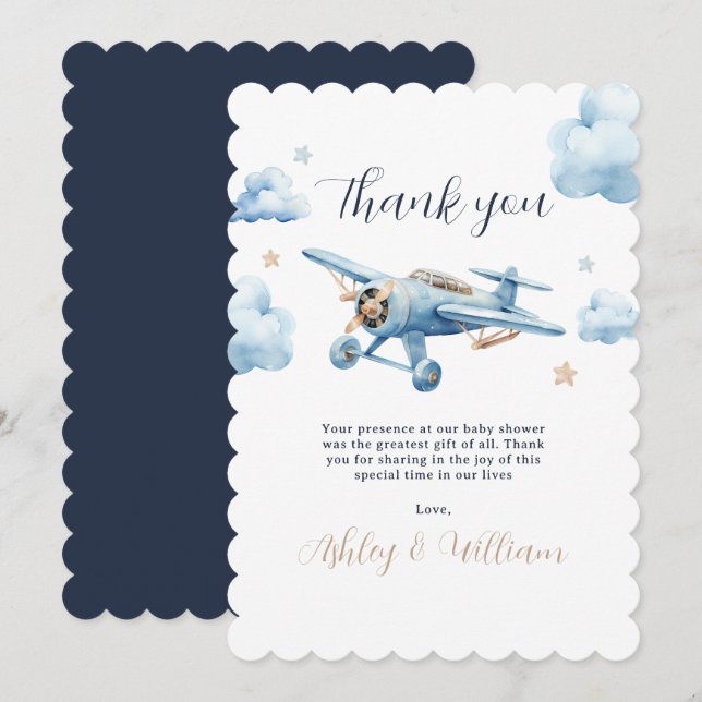 Oh Boy! Adventure Awaits Airplane Boy Baby Shower Thank You Card (Front/Back)