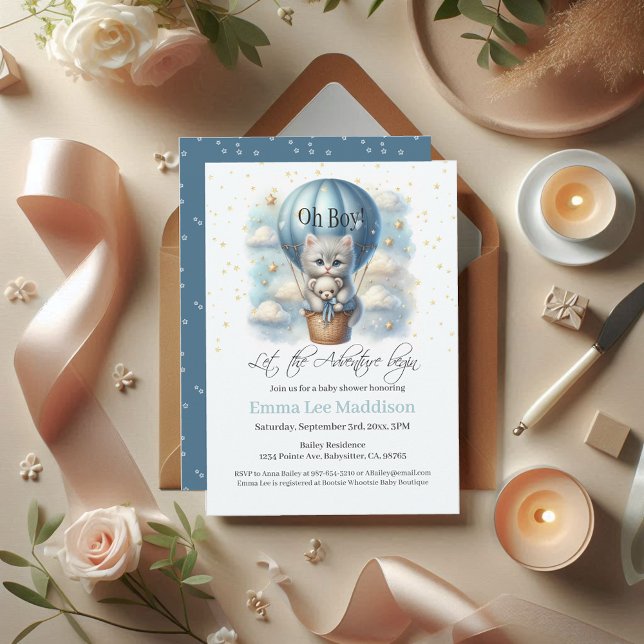 Oh Boy Adventure Awaits Kitten in Hot Air Balloon Invitation (Creator Uploaded)
