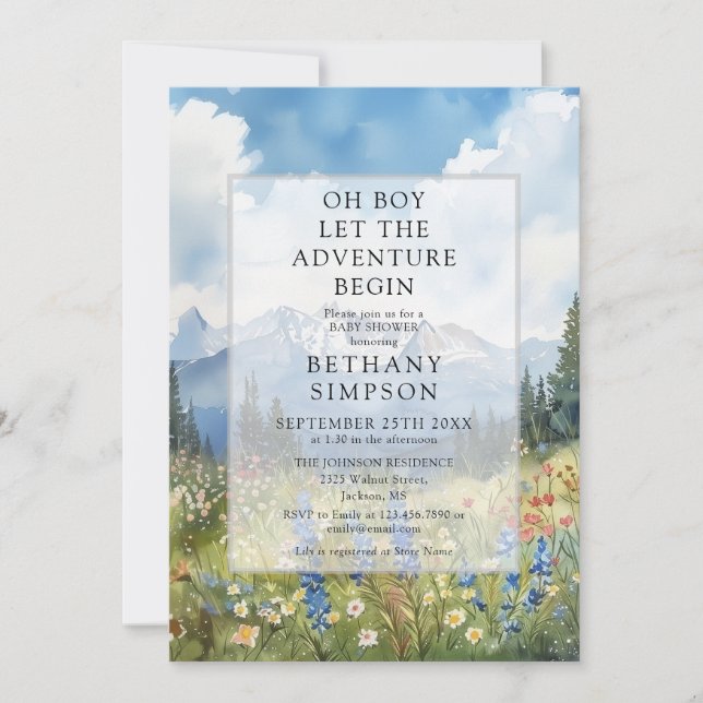 Oh Boy Adventure Begin Mountain Floral Baby Shower Invitation (Front)
