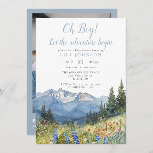 Oh Boy Adventure Begin Photo QR Code Baby Shower Invitation