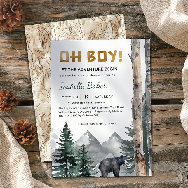 Oh Boy Adventure Begin | Woodland Bear Baby Shower Invitation (Oh Boy Baby Shower Invite)