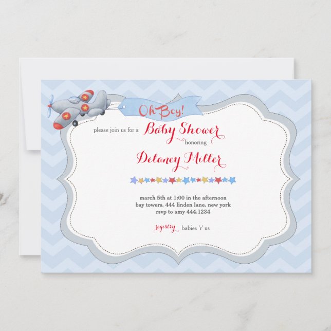 Oh Boy! Airplane Baby Shower invitation (Front)