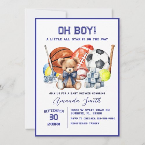 Oh Boy ALL STAR SPORT Baby Shower Invitation