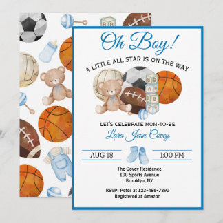 Oh Boy All Star Sport Baby Shower  Invitation