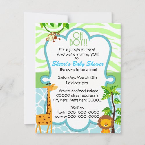 oh boy animal print baby shower invitation