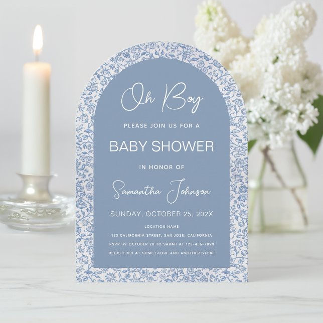 Oh Boy Arch Blue Floral Pattern Script Baby Shower Invitation (Creator Uploaded)