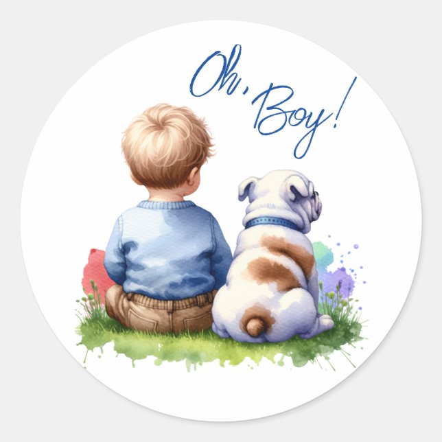 Oh, Boy! Baby and Bulldog Baby Shower Classic Round Sticker (Front)