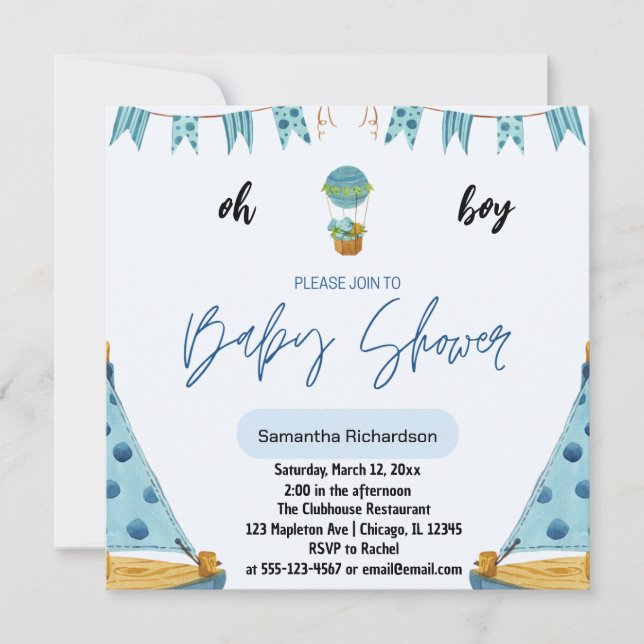 Oh Boy Baby blue balloon air Invitation (Front)