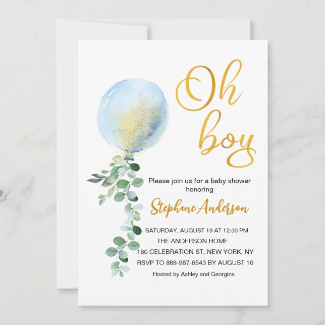  Oh Boy Baby Blue Balloon Eucalyptus baby shower Invitation (Front)