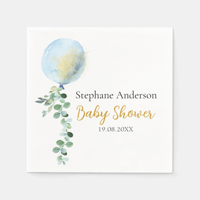 Oh Boy Baby Blue Balloon Eucalyptus  Napkins (Front)