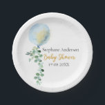 Oh Boy Baby Blue Balloon Eucalyptus Paper Plates<br><div class="desc">This elegant  soft sage green eucalyptus,  watercolor blue balloon and modern typography. Personalized with your event information! Be sure to visite our store for matching printables!</div>