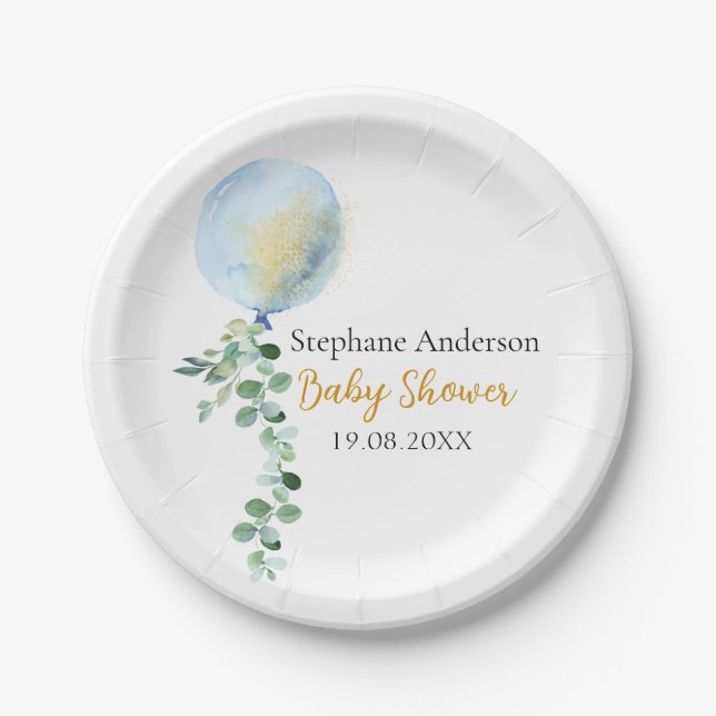Oh Boy Baby Blue Balloon Eucalyptus Paper Plates (Front)
