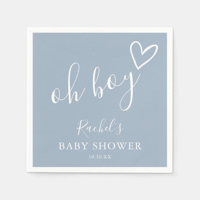 Oh Boy Baby Cute Heart Dusty Blue Baby Shower Napkins (Front)