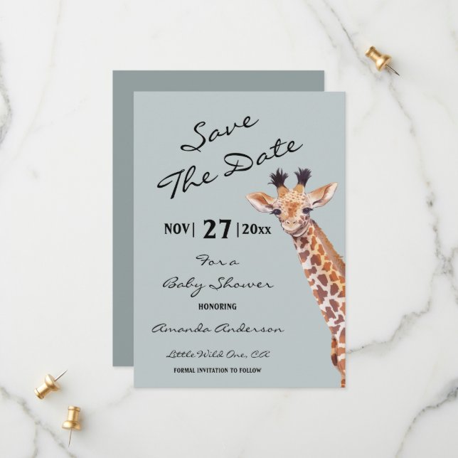 Oh Boy Baby Giraffe Baby Shower  Save The Date (Front/Back In Situ)