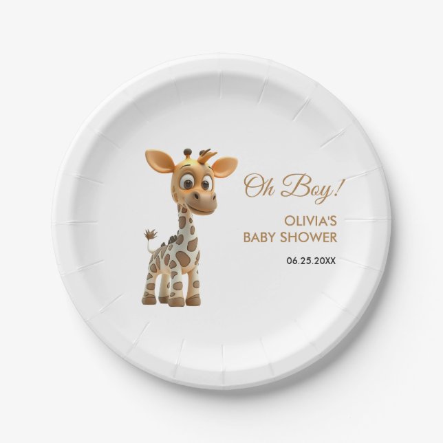 Oh Boy Baby Giraffe Cute Boy Baby Shower  Paper Plates (Front)