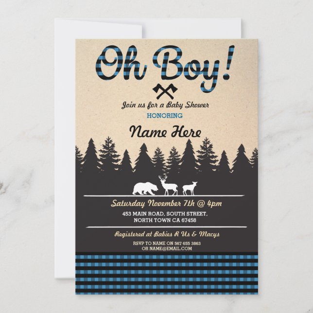 Oh Boy Baby Lumberjack Baby Shower Blue Invite (Front)