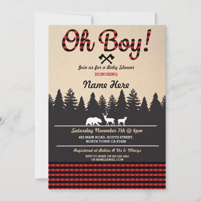 Oh Boy Baby Lumberjack Baby Shower Red Invite (Front)