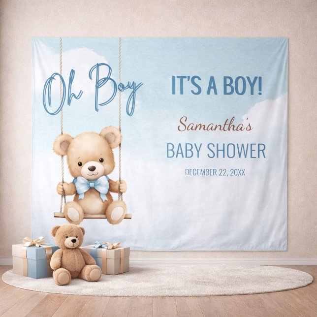 Oh Boy Baby Shower Bear Backdrop (Close-up of teddy bear baby shower backdrop showing name and event details)