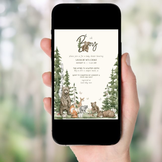 Oh Boy Baby Shower Bearly Wait Woodland Animals Invitation (Front Digital)