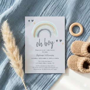 Oh Boy Baby Shower Blue Boho Rainbow Invitation