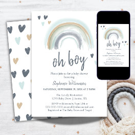 Oh Boy Baby Shower Blue Boho Rainbow Invitation