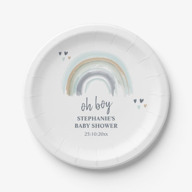 Oh Boy Baby Shower Blue Boho Rainbow  Napkins Paper Plates (Front)