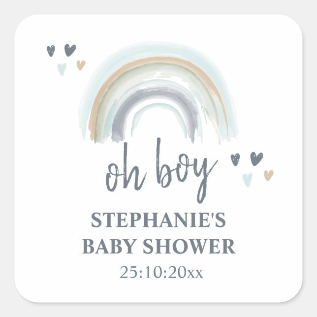 Oh Boy Baby Shower Blue Boho Rainbow Square Sticke Square Sticker (Front)