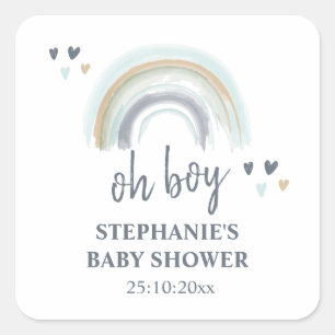 Oh Boy Baby Shower Blue Boho Rainbow Square Sticke Square Sticker