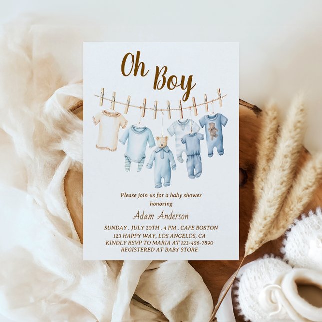 Oh Boy Baby Shower | Blue Clothesline Theme  Invitation (Creator Uploaded)