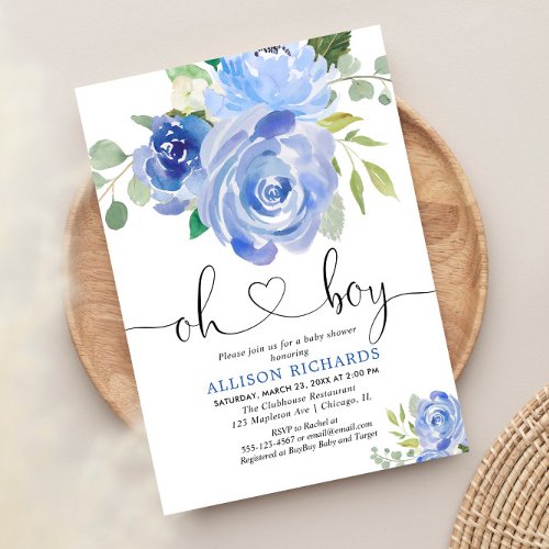 Oh Boy baby shower blue floral watercolors Invitation