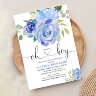 Oh Boy baby shower blue floral watercolors Invitation