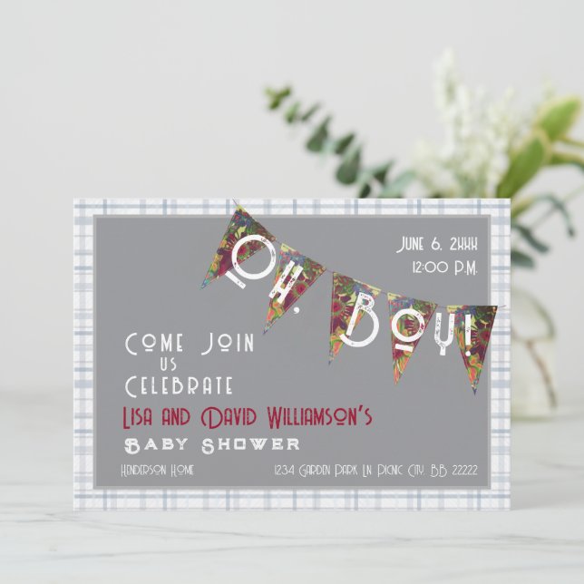 Oh, Boy baby shower blue plaid Bunting  Invitation (Standing Front)