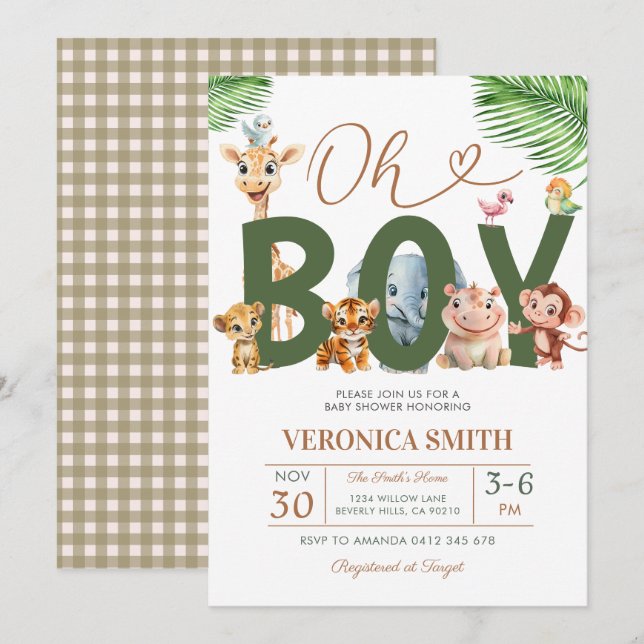 Oh Boy Baby Shower Forest Animals Greenery Floral Invitation (Front/Back)