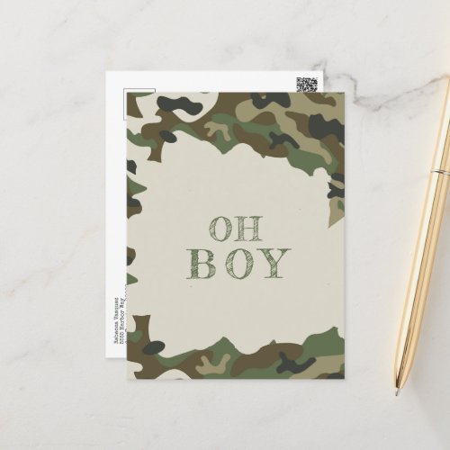 Oh Boy  Baby Shower Green  Camo  Invitation Postcard