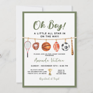 Oh Boy Baby Shower Green Sports Baby Shower Invitation